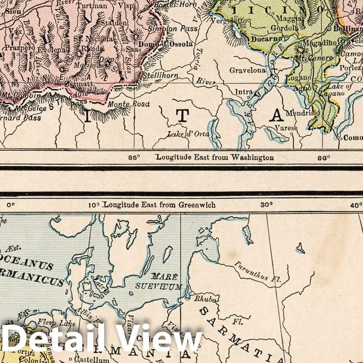 Switzerland and Roman Empire - Railroad Map, 1882 - Historical Atlas Print