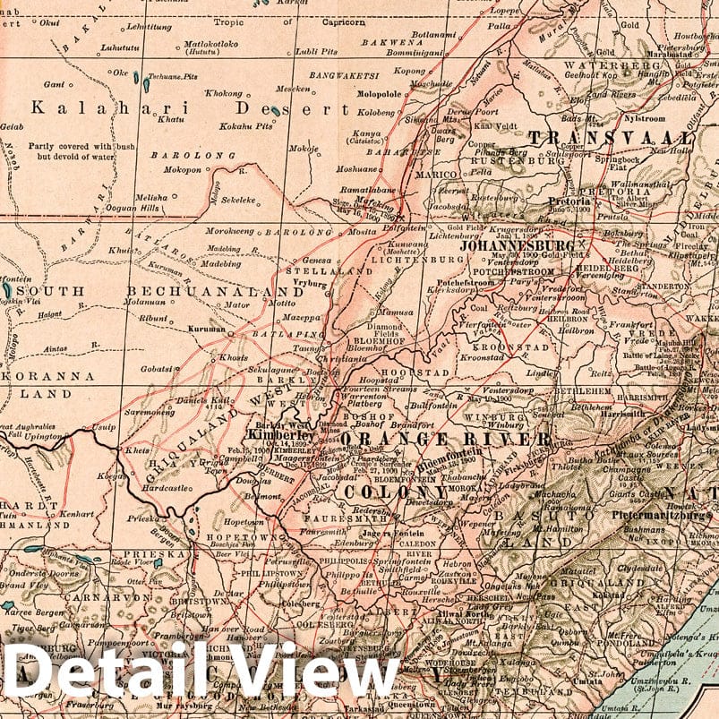 Southern Africa with Cape Town, Johannesburg, Ladysmith Insets - 1897 Railroad Map Print