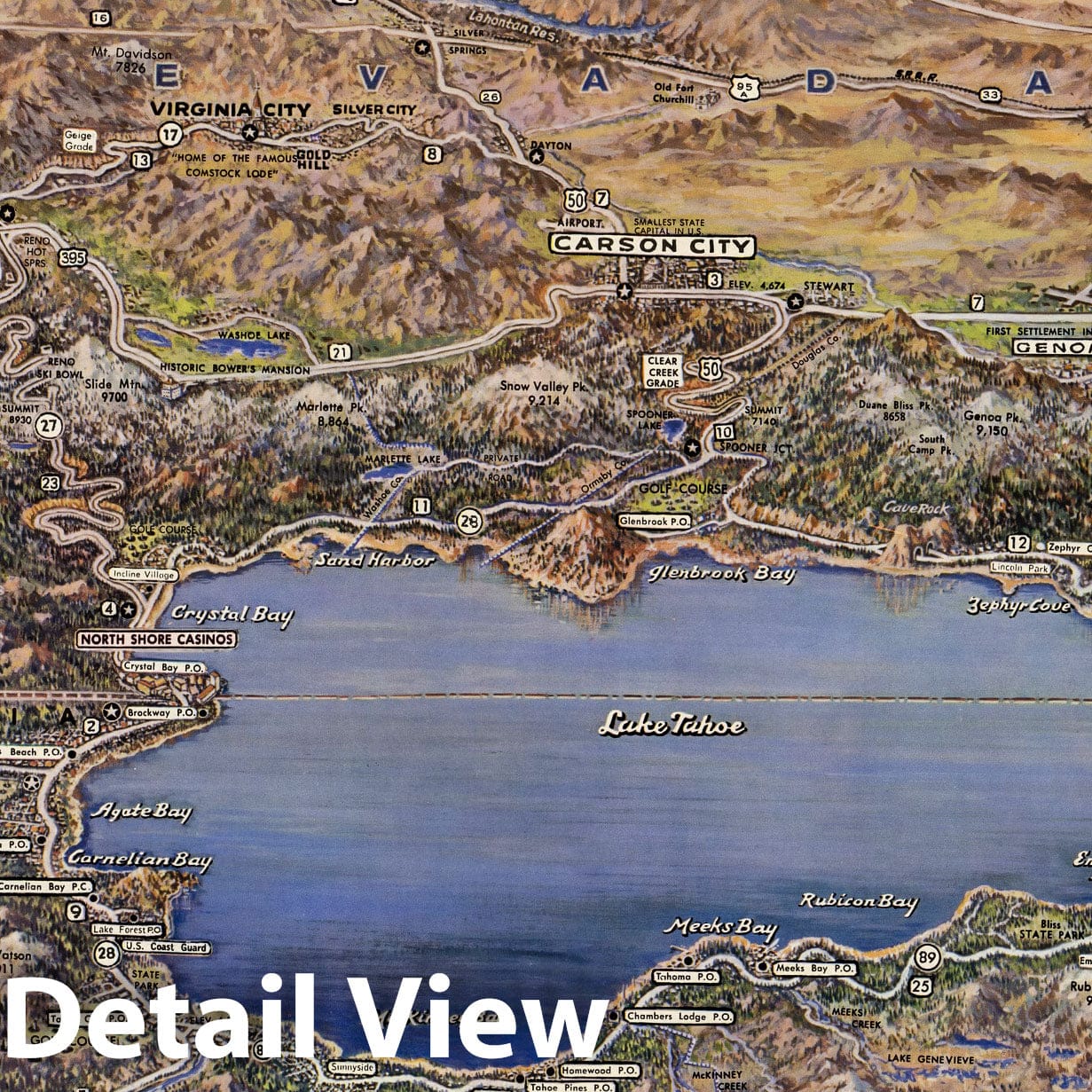 Lake Tahoe - Bird's Eye View, 1965 - Historical Map Print