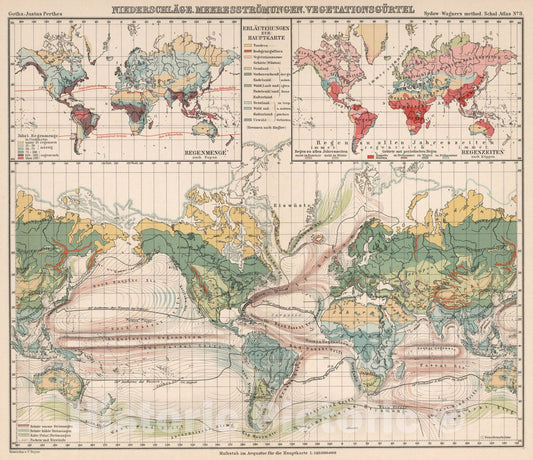Historic Map : School Atlas Map, No. 8. Niederschlage. Meeresstromungen. Vegetationsgurtel. 1902 - Vintage Wall Art