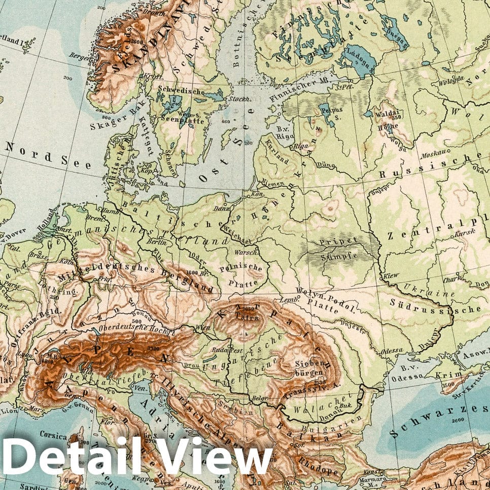 Europe - Physical Map, 1902 - Historical Map Reproduction