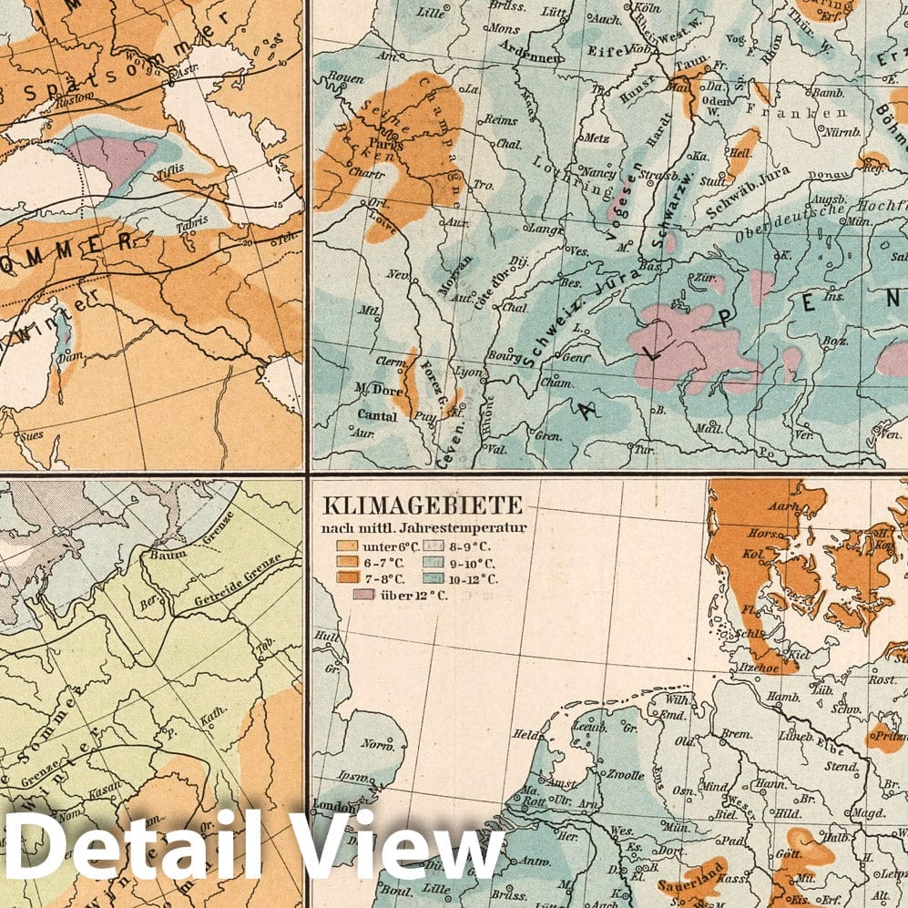 Europe Climate Map, 1902 - Historical Map Print