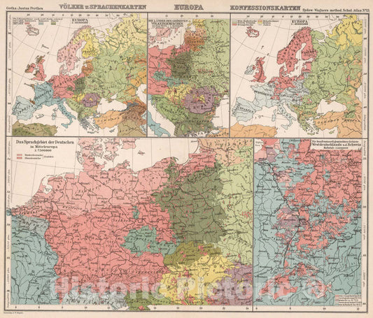 Historic Map : School Atlas Map, No. 13. Volker u. Sprachenkarten. Europa. Konfessionskarten. 1902 - Vintage Wall Art
