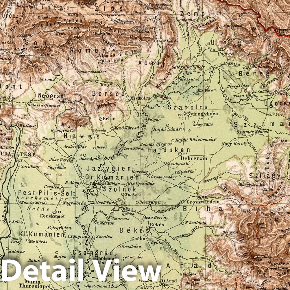 Hungary - Physical Map, 1902 - Historical Map Print