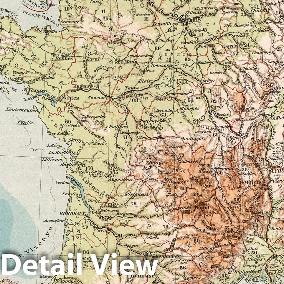 France and the Pyrenees - Physical Map, 1902 - Historical Topographic Print