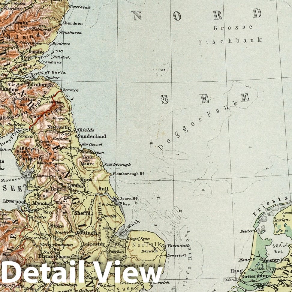 North Sea Lands (England, Scotland, Denmark, Netherlands) - Physical Map, 1902