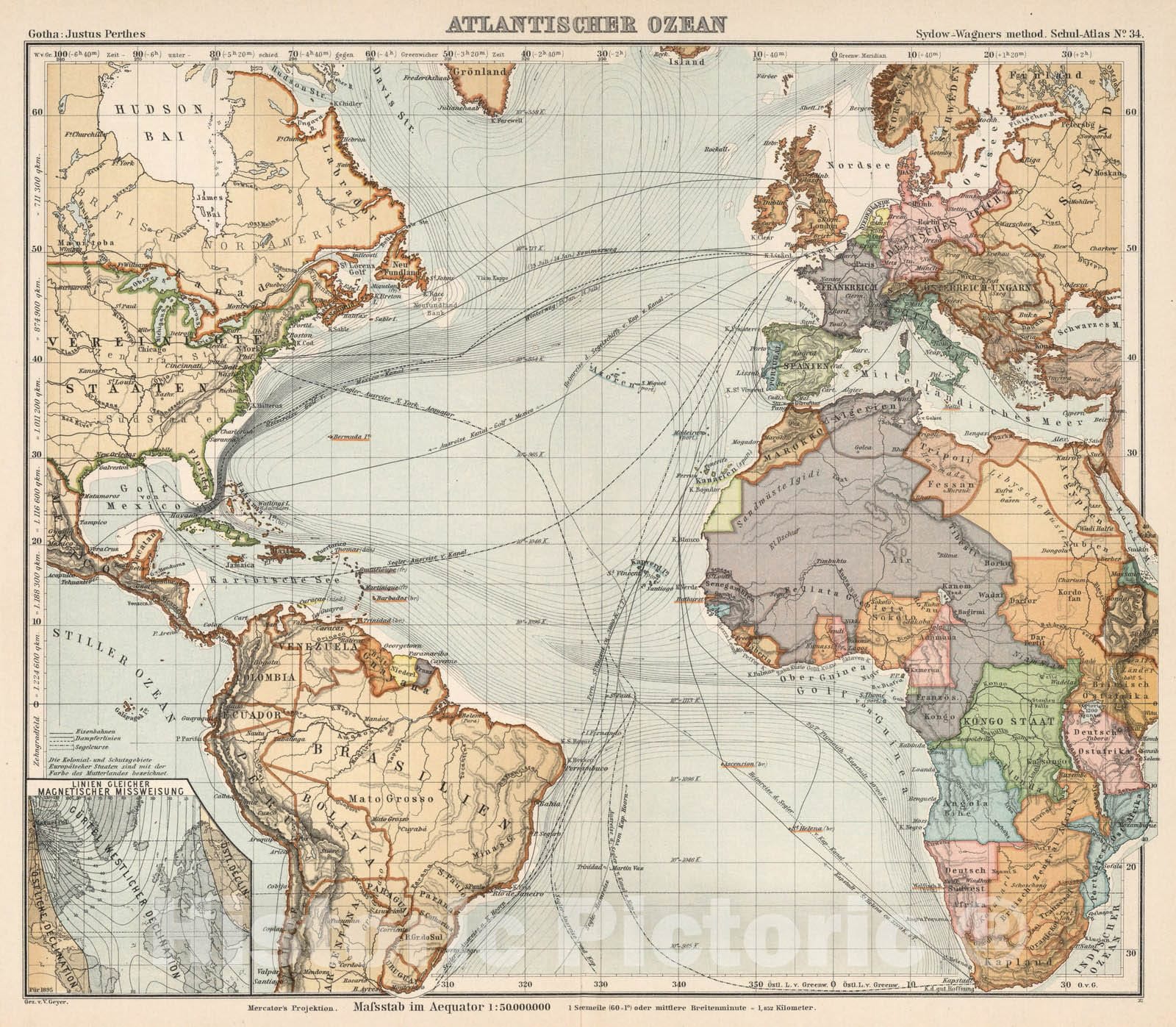 Historic Map : School Atlas Map, No. 34. Atlantischer Ozean. 1902 - Vintage Wall Art