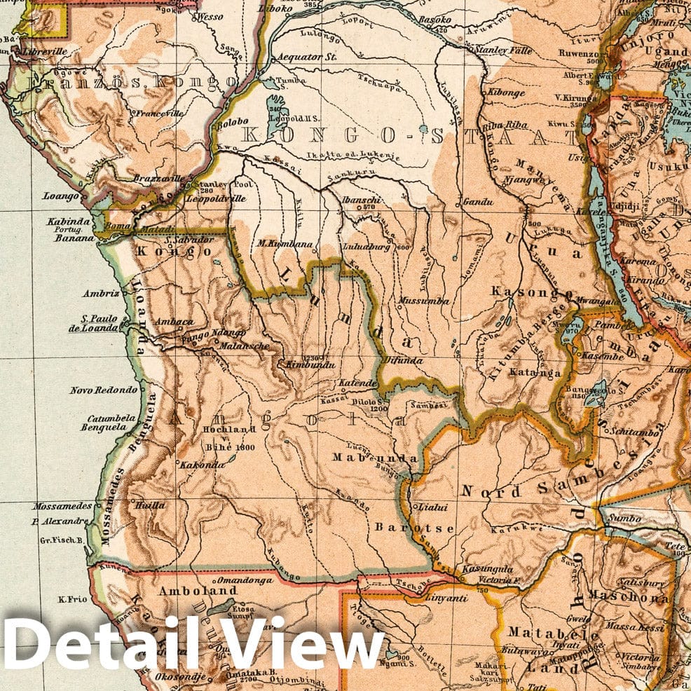 Central and Southern Africa - Physical Map, 1902 - Historical Map Print