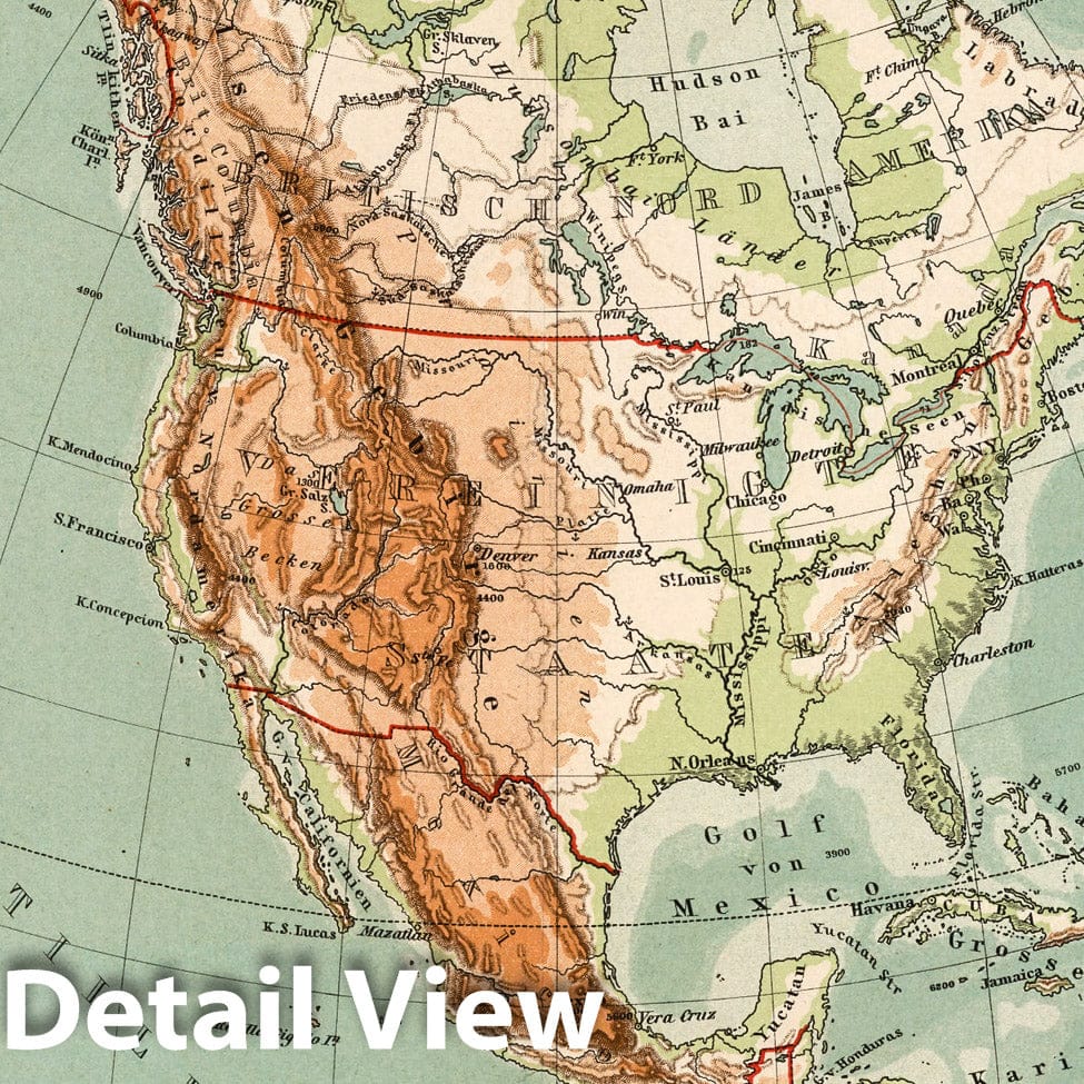 North America - Physical Map, 1902 - Historical Map Print