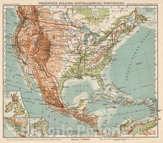 Historic Map : School Atlas Map, No. 43. Vereinigte Staaten, Mittelamerika, Westindien. 1902 - Vintage Wall Art