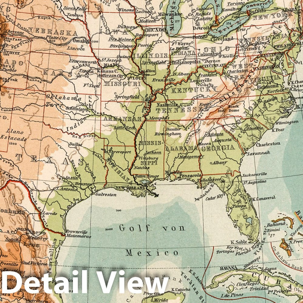United States, Central America, West Indies - Physical Map, 1902 - Historical Map Print