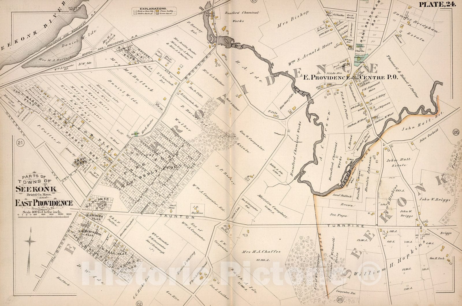 Historic Wall Map : East Providence (R.I.), City Atlas Map, Plate 24. Parts of the Town of Seekonk, Bristol Co, Mass. and East Providence, Providence Co, R.I. 1882 - Vintage Wall Art