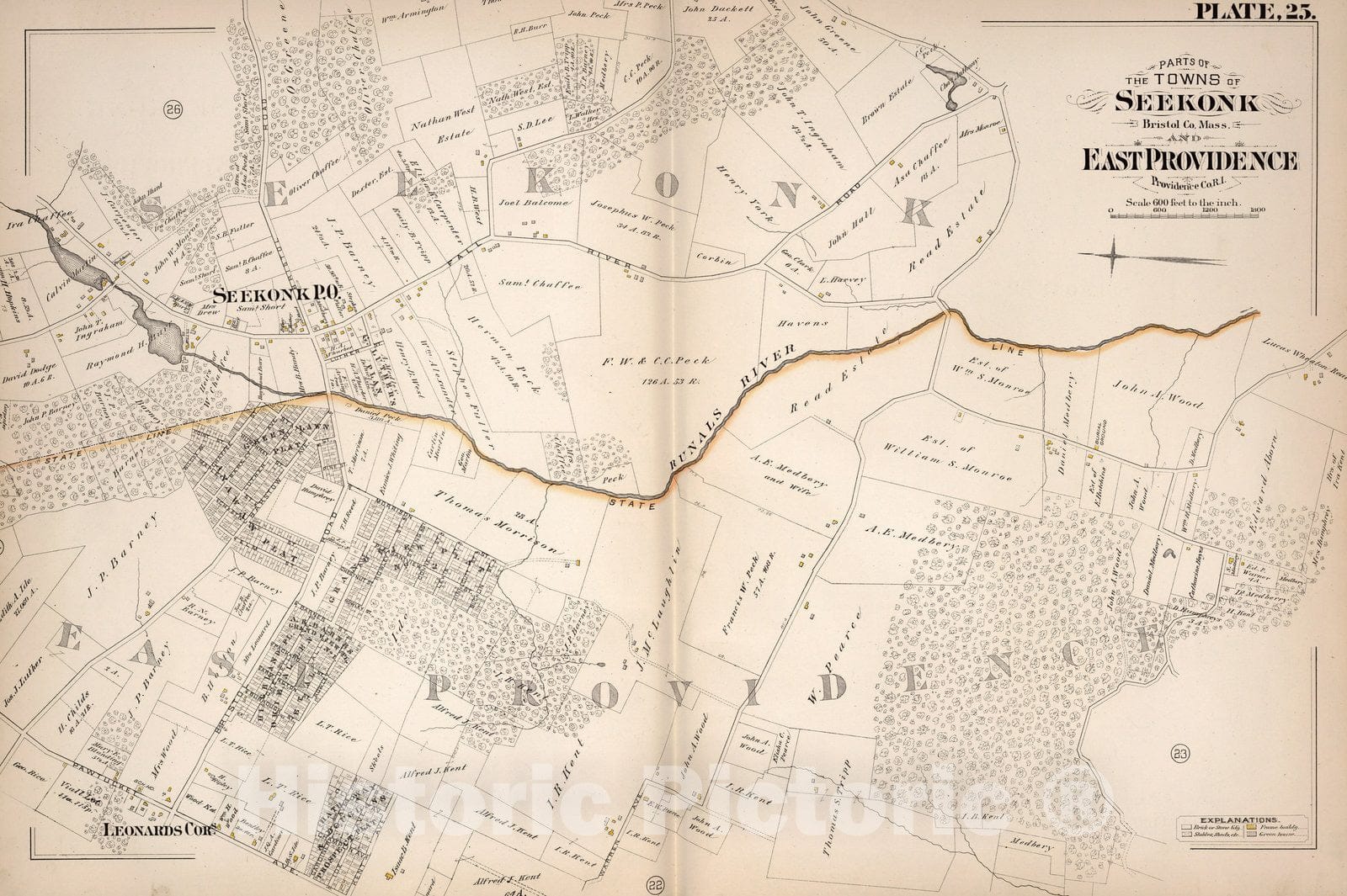 Historic Wall Map : East Providence (R.I.), Plate 25. Parts of the Towns of Seekonk, Bristol Co, Mass. and East Providence, Providence Co, R.I. 1882 - Vintage Wall Art