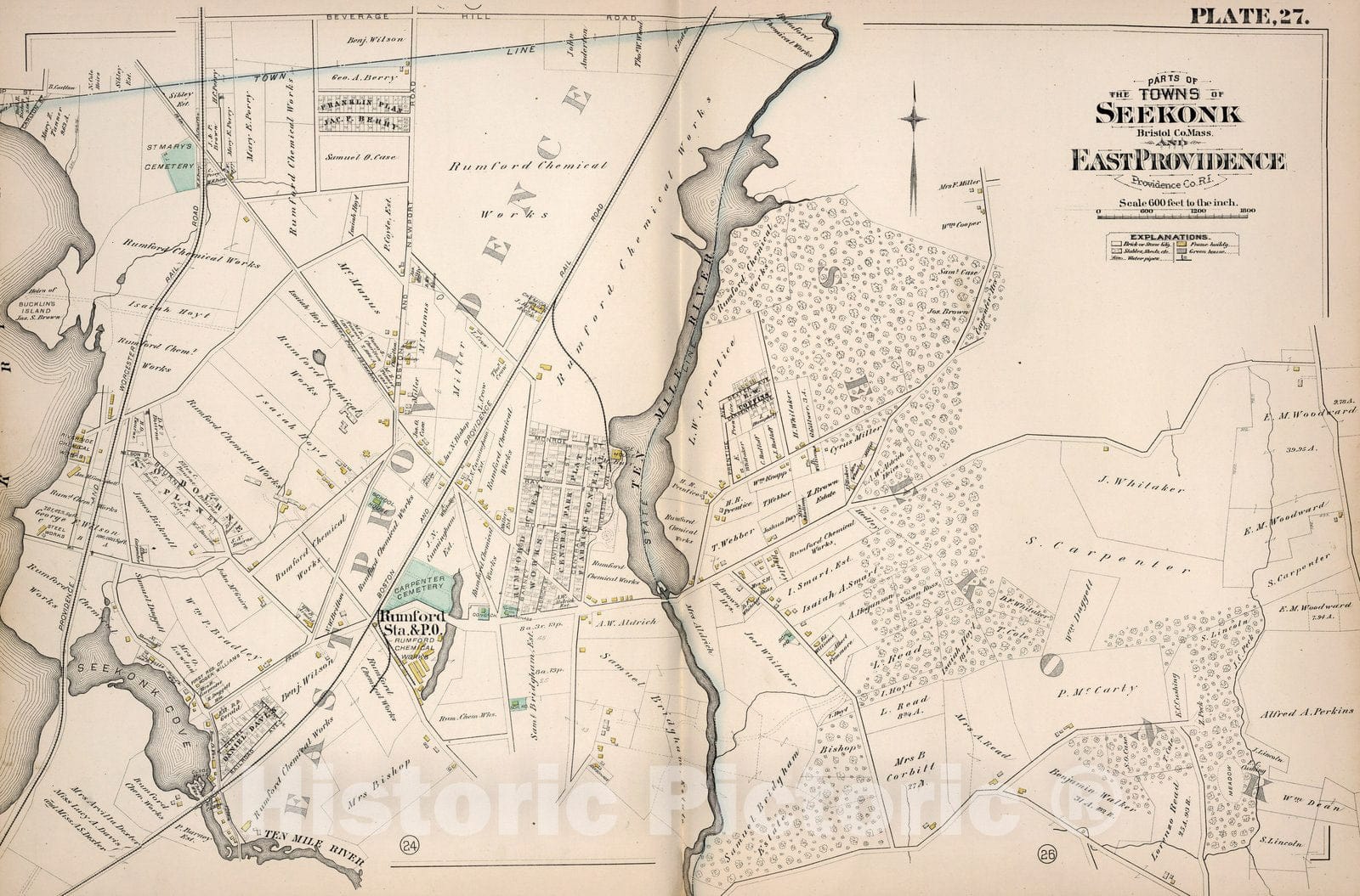 Historic Map : East Providence (R.I.), Plate 27. Parts of the Towns of Seekonk, Bristol Co, Mass. and East Providence, Providence Co,R.I. 1882 - Vintage Wall Art