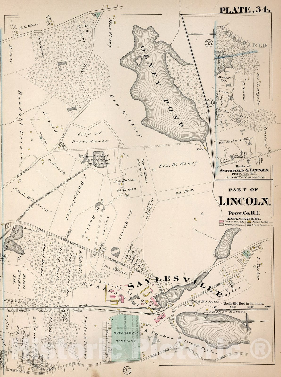 Historic Map : Lincoln (R.I.), City Atlas Map, Plate 34. Part of Lincoln, Prov. Co, R.I. 1882 - Vintage Wall Art