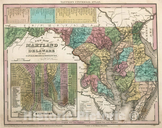 Historic Map : World Atlas Map, Maryland and Delaware. 1833 - Vintage Wall Art