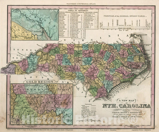 North Carolina, 1833 - Historical Map Print from Tanner's Universal Atlas