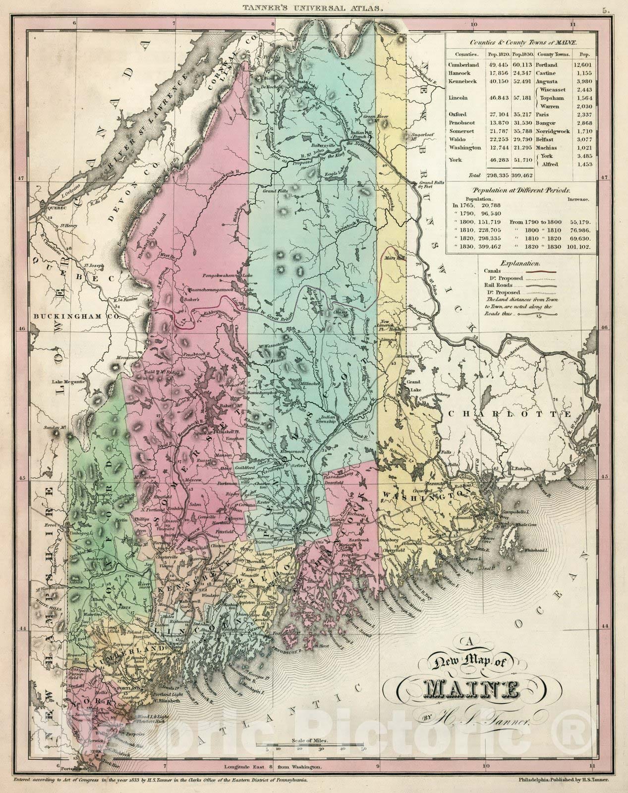 Historic Map : World Atlas Map, Maine. 1933 - Vintage Wall Art