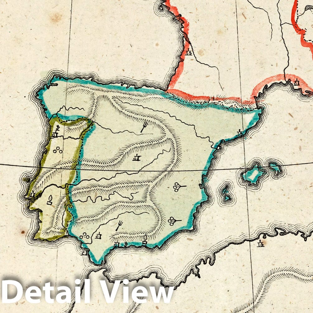 France, Spain and Portugal 1799 - Hand-Colored Topographic Map Print