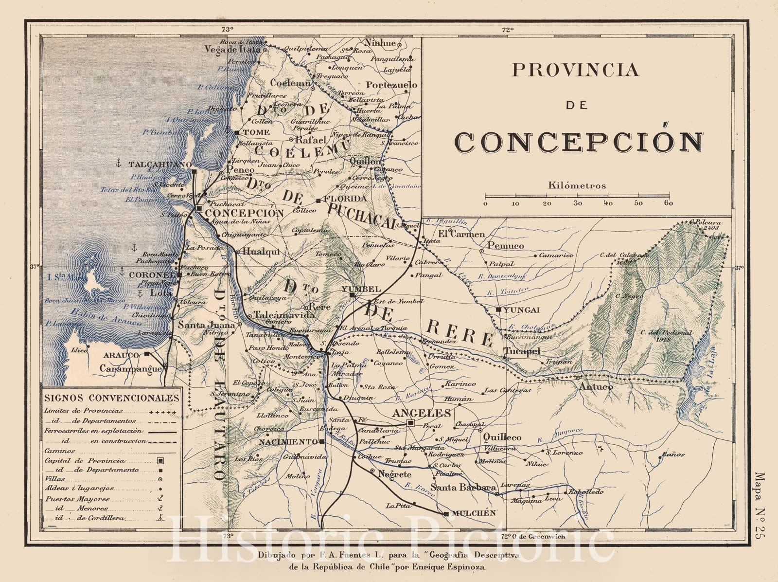 Historic Map : Chile, Mapa No. 25. Provincia de Concepcion, 1903 , Vintage Wall Art