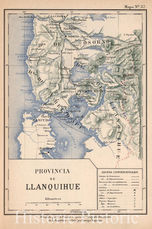 Historic Map : Chile, Mapa No. 32. Provincia de Llanquihue, 1903 , Vintage Wall Art