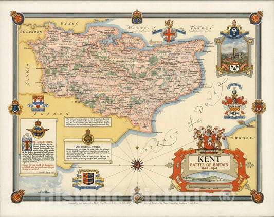 Historic Map : Kent. Battle of Britain, 1940-1941. Produced for The Women's Land Army Benevolent Fund. 1945 - Vintage Wall Art