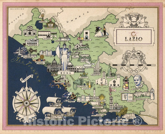 Lazio - Pictorial Map, 1938 - Historical Map Reproduction