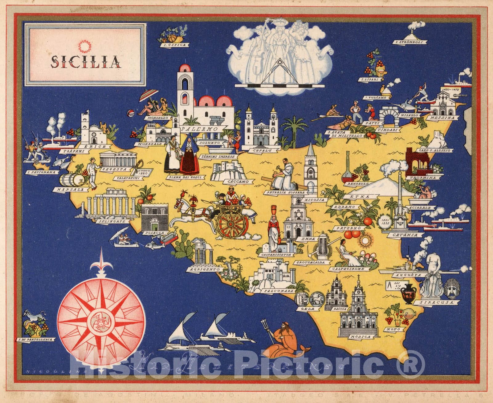 Sicilia - Pictorial Map, 1938 - Historical Map Reproduction