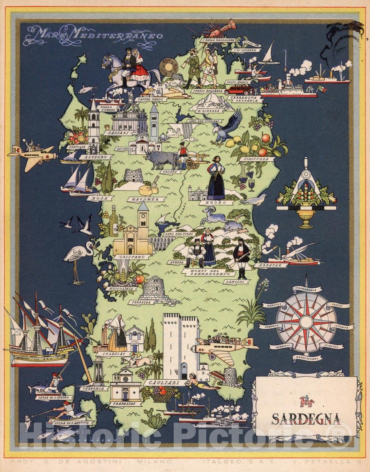Sardinia - Pictorial Map, 1938 - Historical Map Reproduction