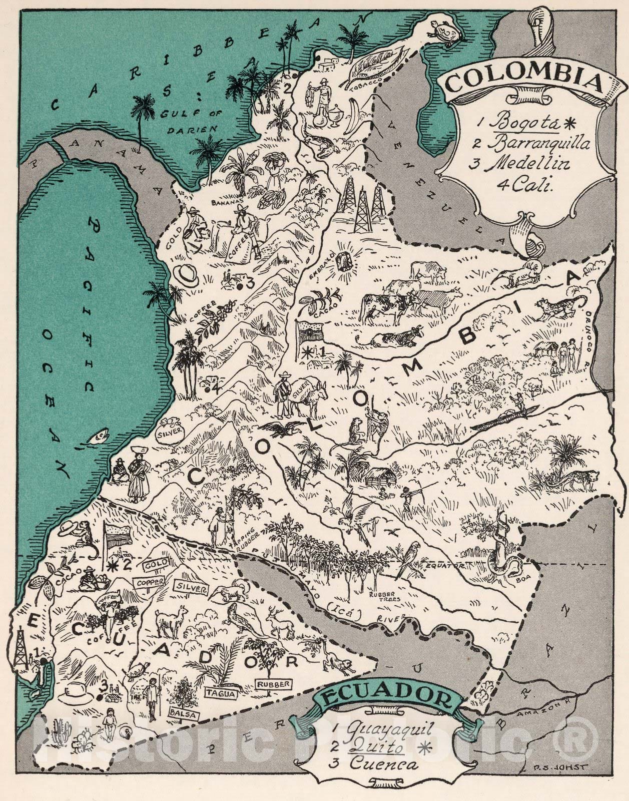 Colombia and Ecuador - Pictorial Map, 1941 - Historical Map Print