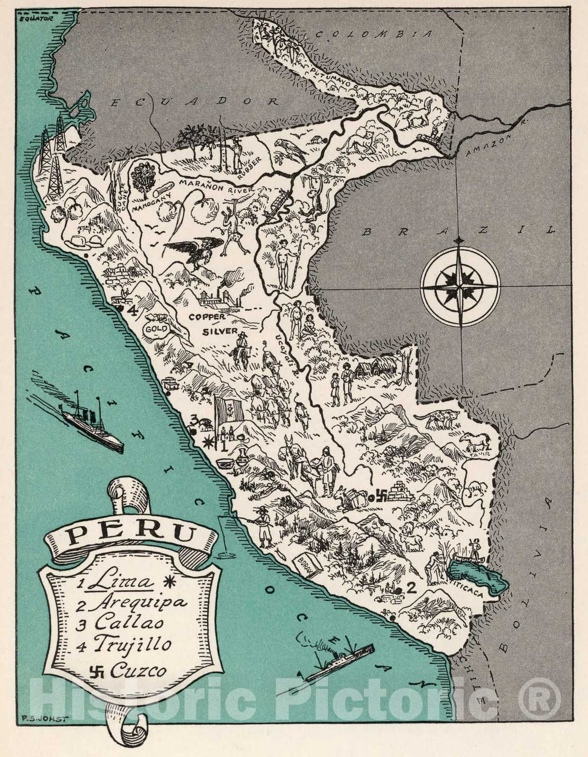 Historic Map : School Atlas Map, Peru. 1941 - Vintage Wall Art