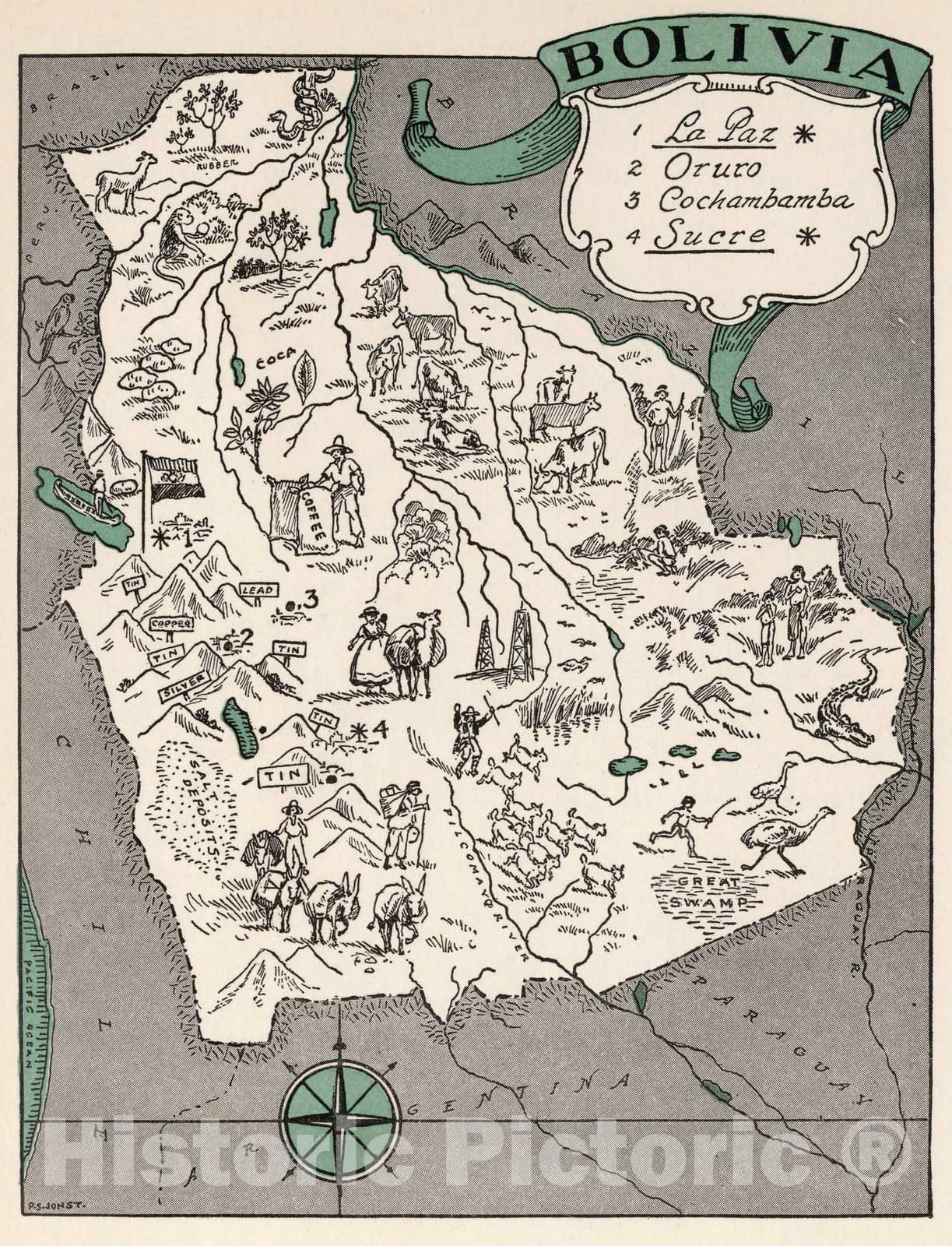 Historic Wall Map : School Atlas Map, Bolivia. 1941 - Vintage Wall Art