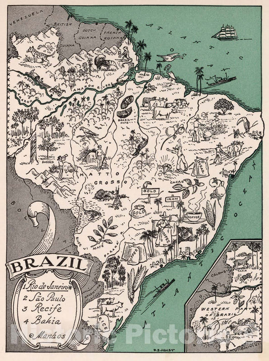 Historic Map : School Atlas Map, Brazil. 1941 - Vintage Wall Art