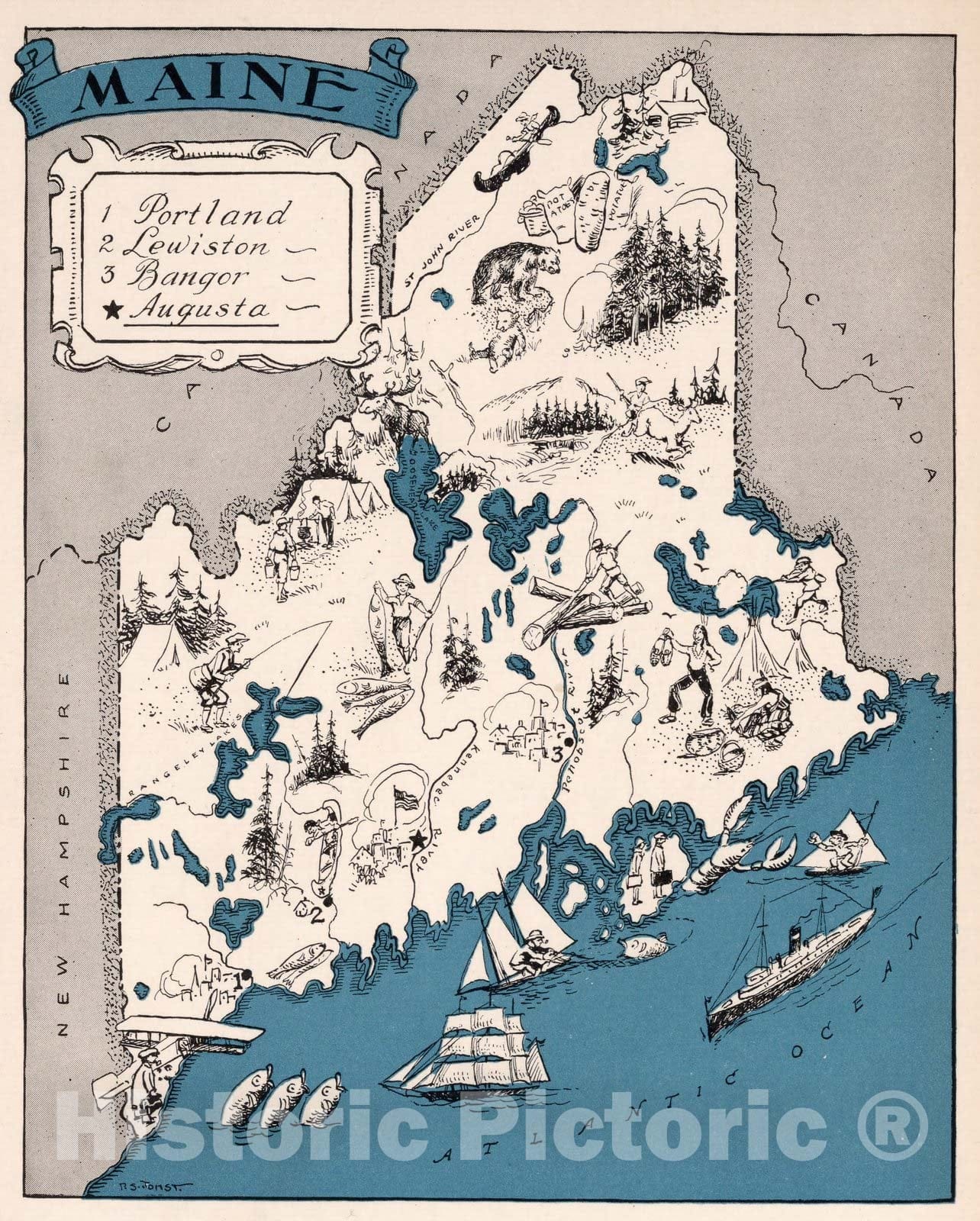 Historic Map : School Atlas Map, Maine. 1931 - Vintage Wall Art