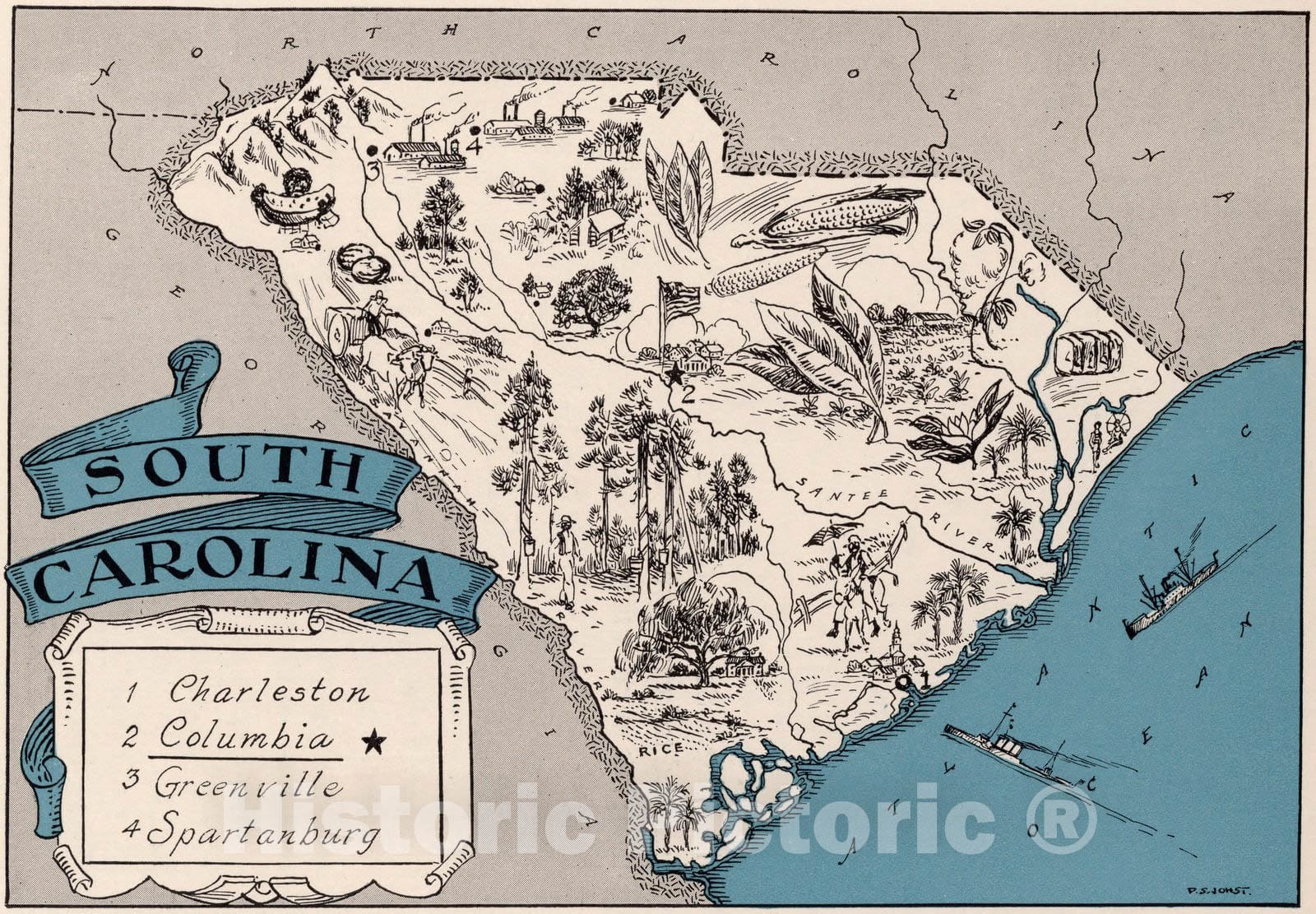 Historic Map : School Atlas Map, South Carolina. 1931 - Vintage Wall Art