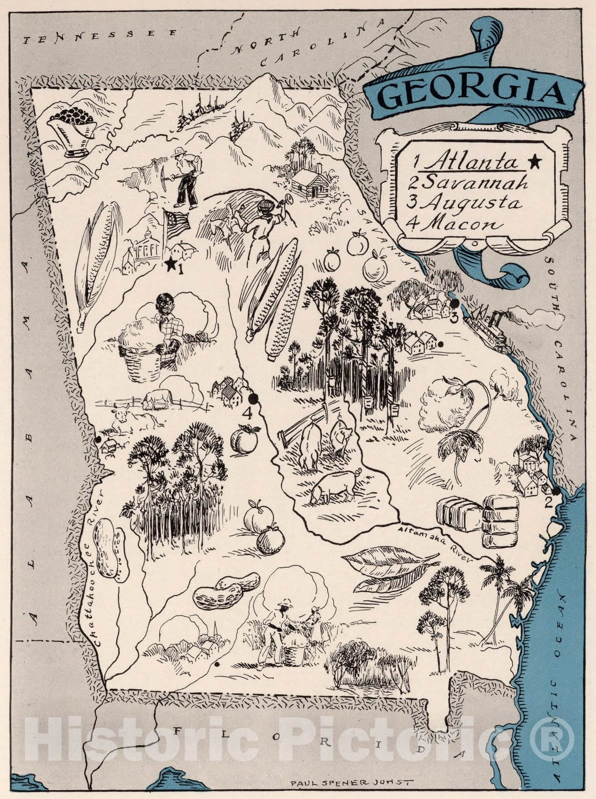 Historic Map : School Atlas Map, Georgia. 1931 - Vintage Wall Art