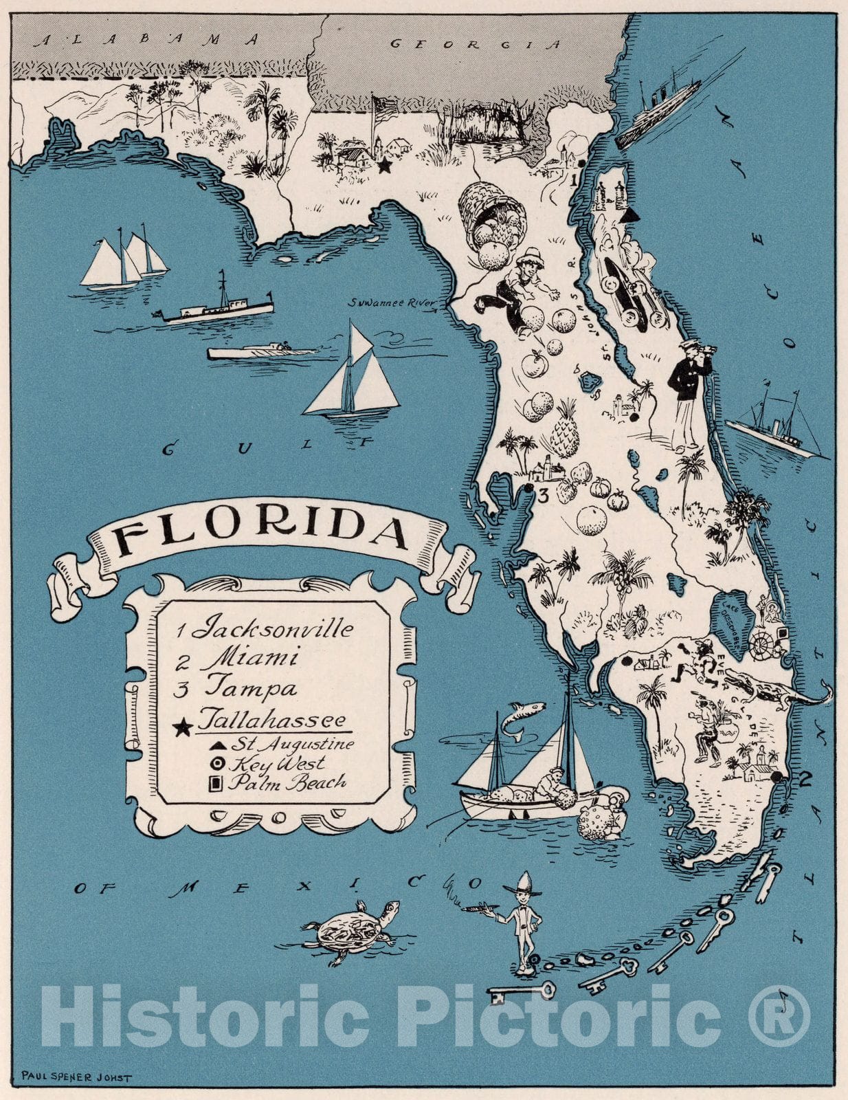 Florida - Pictorial Map, 1931 - Historical Map Print