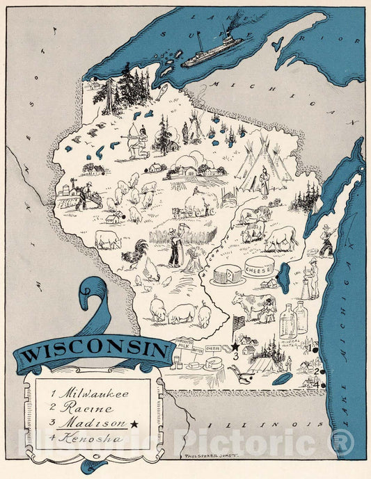 Wisconsin - Pictorial Map, 1931 - Historical Map Print