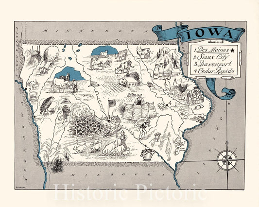 Iowa - Pictorial Map, 1931 - Historical Map Print