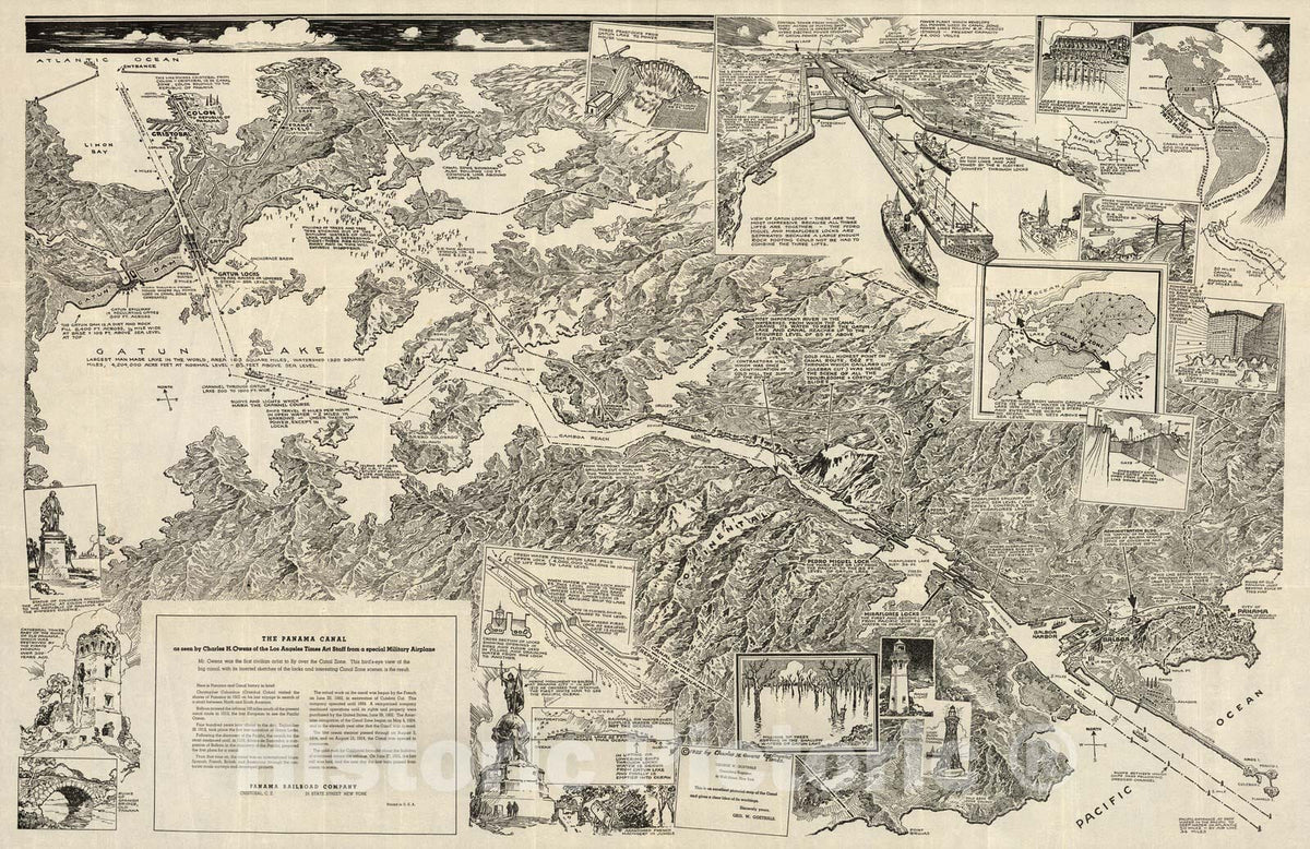 Historic Map : Panama Canal as seen by Charles H. Owens. 1925 - Vintage Wall Art