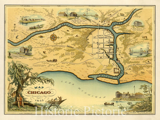 Historic Map of Chicago, Illinois (IL), 1833 - Vintage Wall Art