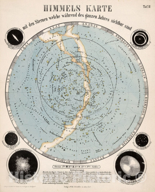 Historic Map : Taf. II. Sky map with stars which are visible during the whole year, 1855 - Vintage Wall Art