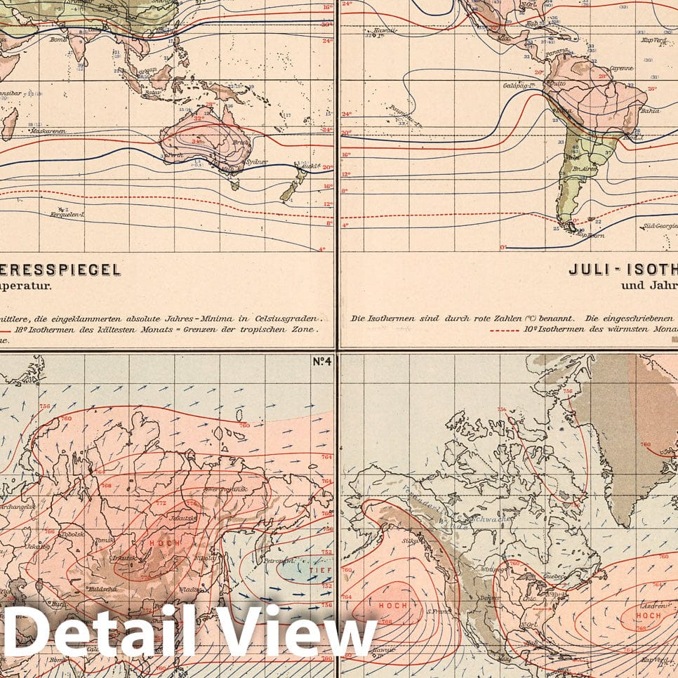 World Climate Maps, January and July Isotherms and Wind Patterns - 1899 Historical Map Print