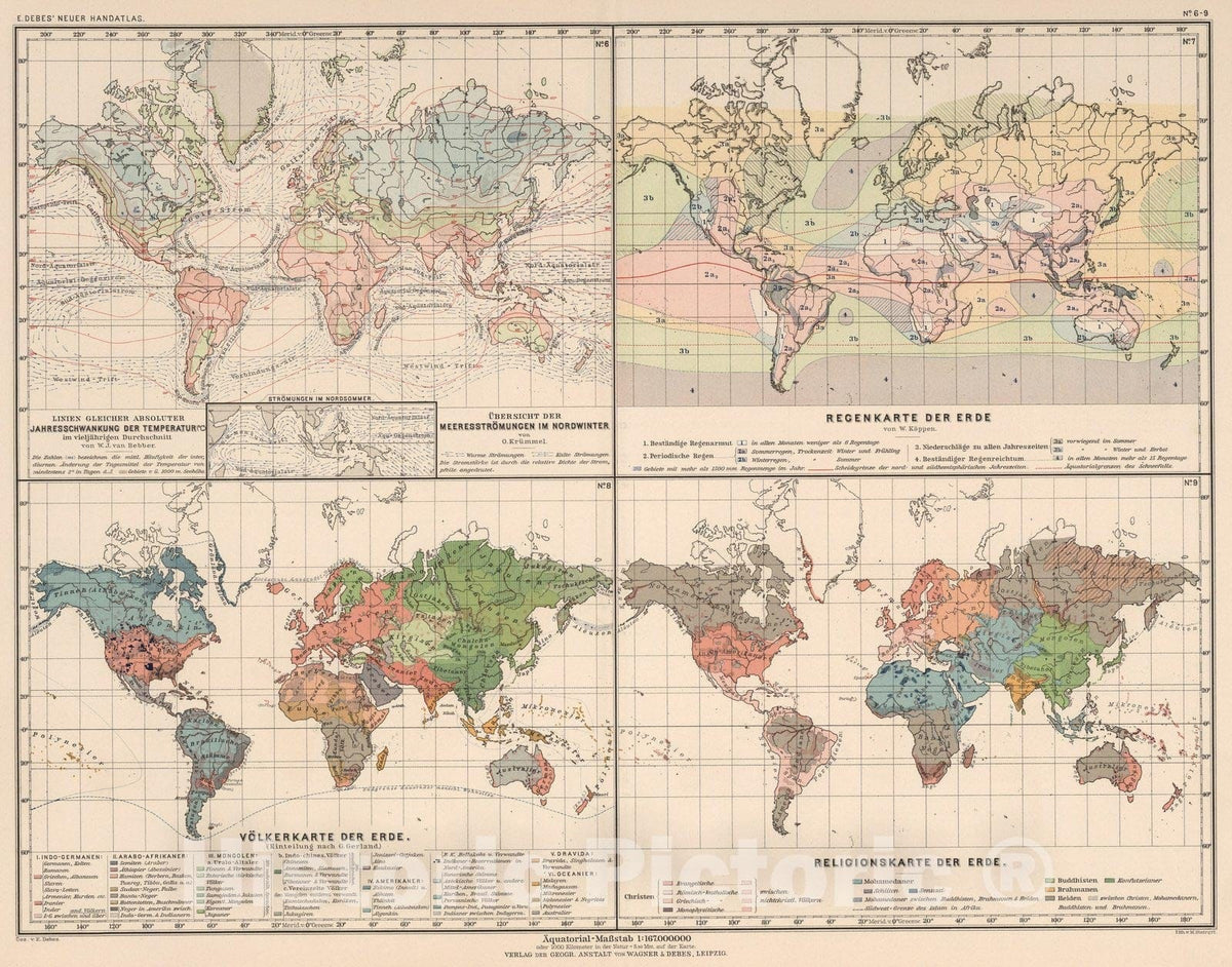 Historic Map : World Atlas Map, No. 6-9: Klima - und Volkerkarten der Erde 1899 - Vintage Wall Art