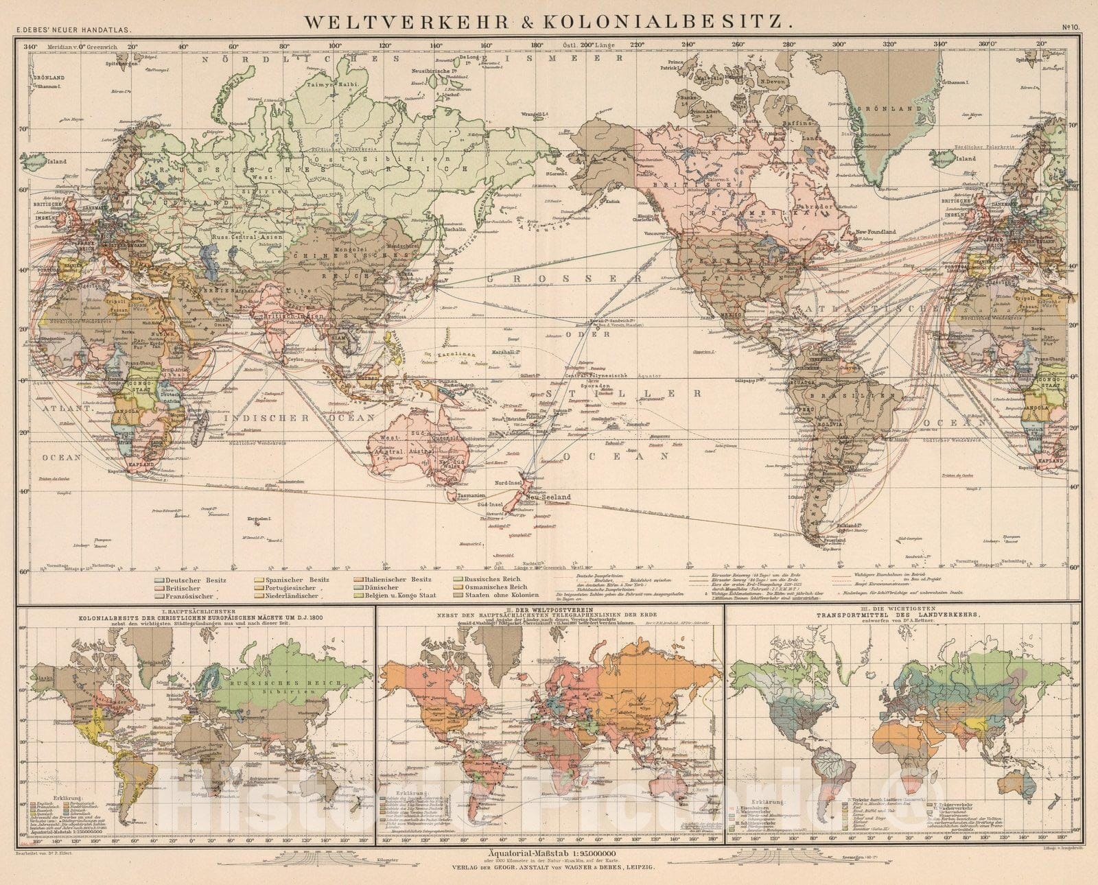 Historic Wall Map : World Atlas Map, No. 10: Weltverkehrs und kolonialbesitzen 1899 - Vintage Wall Art