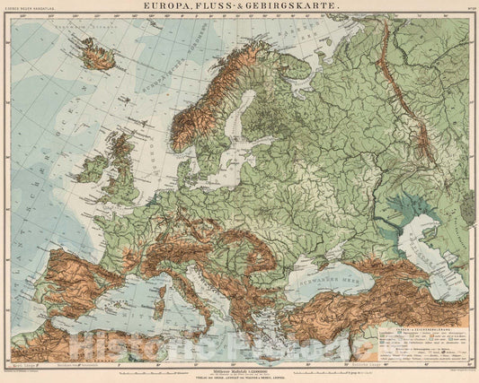 Historic Map : World Atlas Map, No.12a: Europa: Fluss - und Gebirgskarte 1899 - Vintage Wall Art