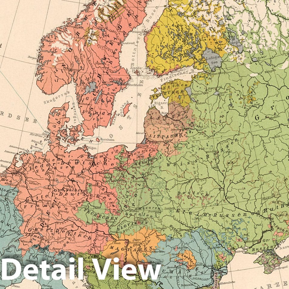 Europe - Language and Population Map, 1899 - Historical Map Print