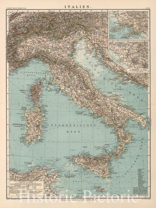 Italy with Naples and Rome Insets - 1898 Historical Map Print