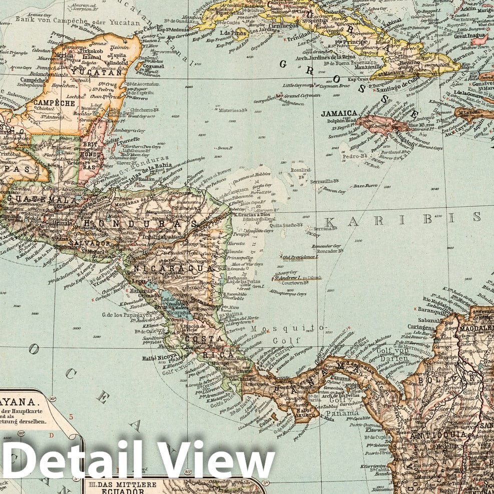 Central America with Mexico Valley, Guyana, and Middle Ecuador - 1898 Historical Map