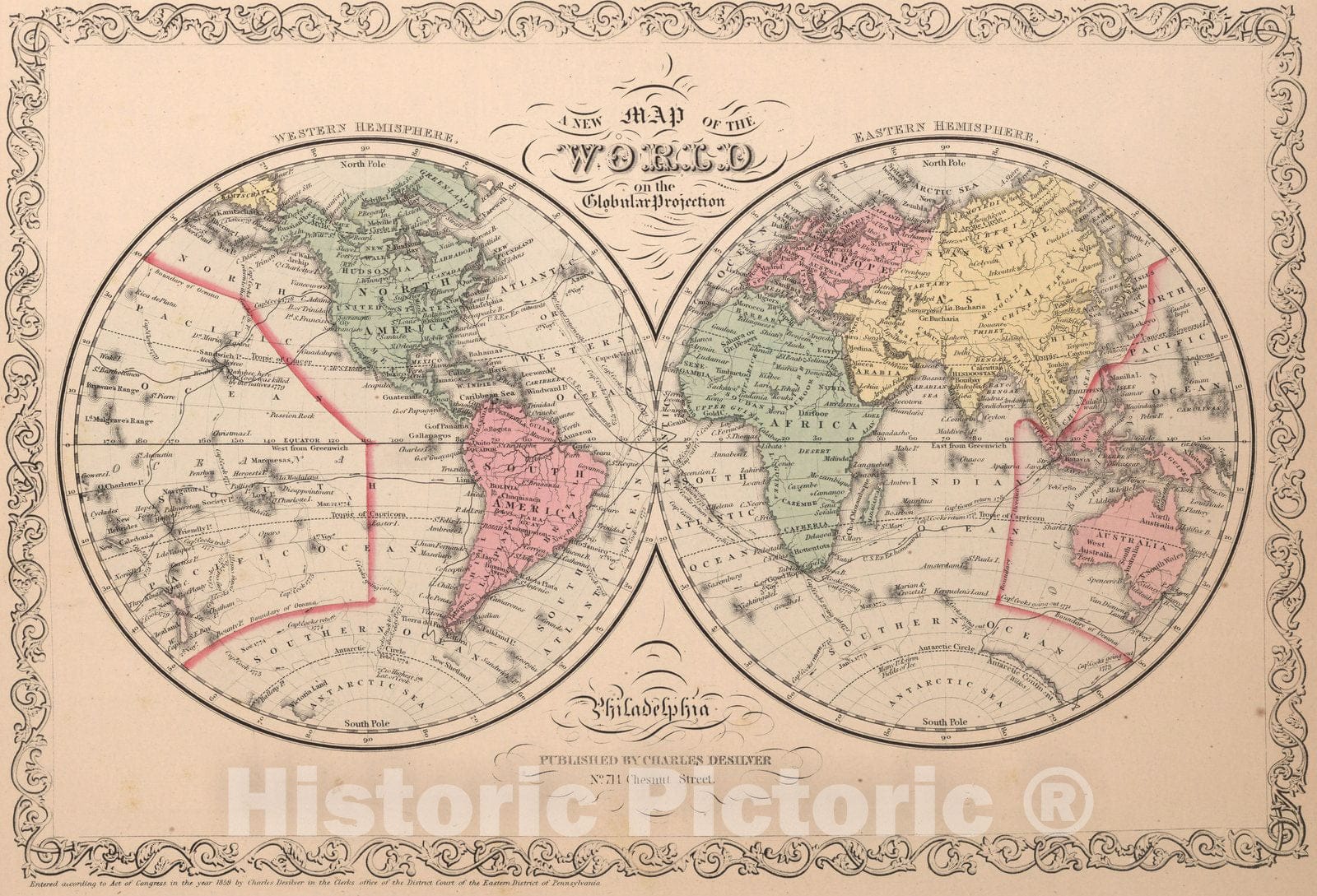 Historic Map : A new map of the World on the Globular Projection. 1, 1859 - Vintage Wall Art